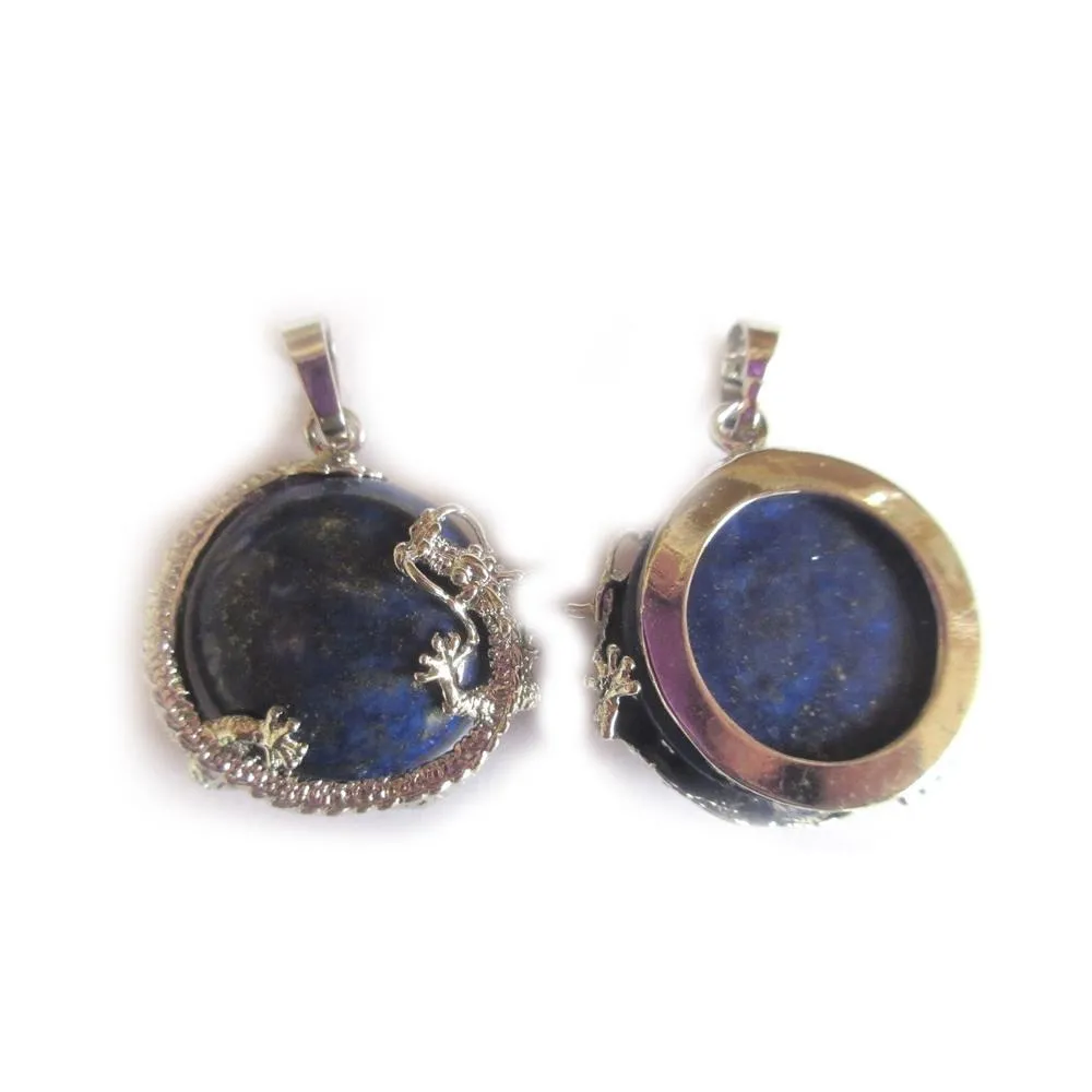 1 Pc Lapis Lazuli Gemstone and Tibetan Silver Dragon Flat 26.5X24mm Charms Pendants