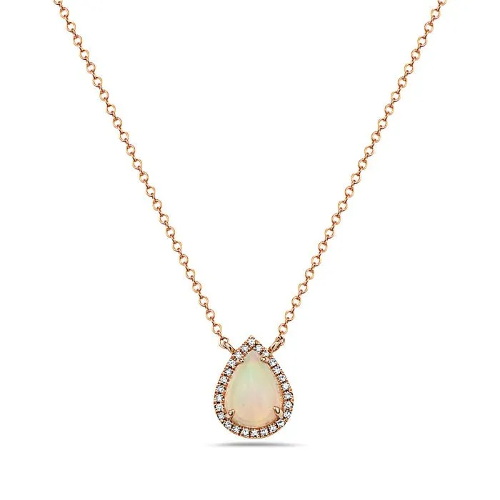 14K Rose Gold Pear Shape Opal And Diamond Necklace