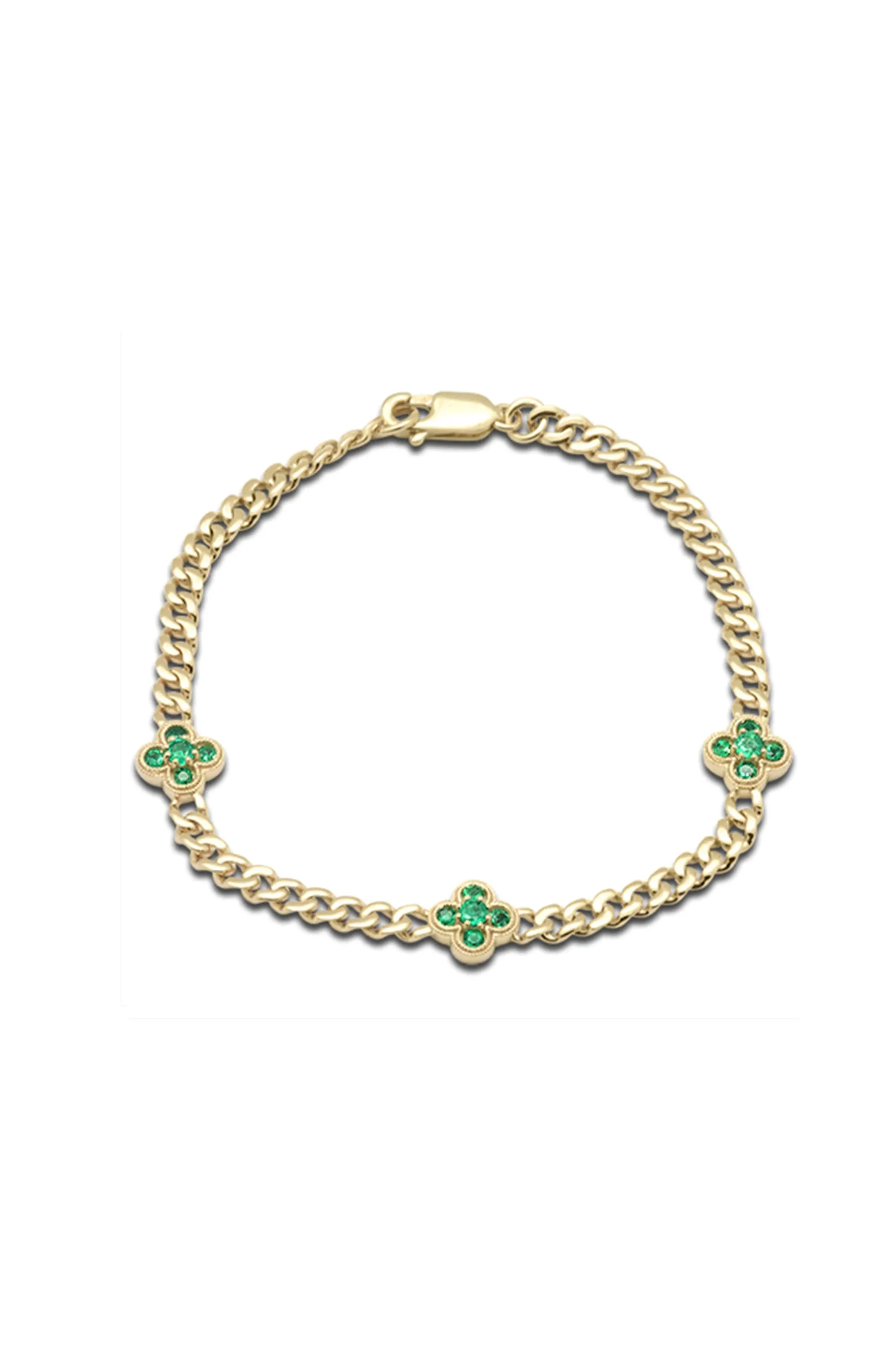 14K Solid Gold Natural Emerald Flower Charm 7" Cuban Chain Bracelet