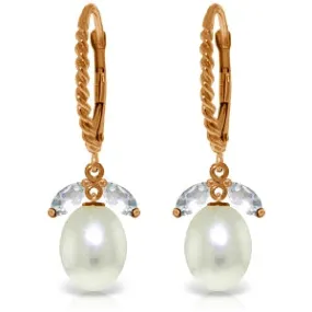 14K Solid Rose Gold Leverback Earrings w/ Aquamarine & Pearls