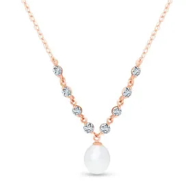 14K Solid Rose Gold Necklace w/ Natural Aquamarine & Pearl