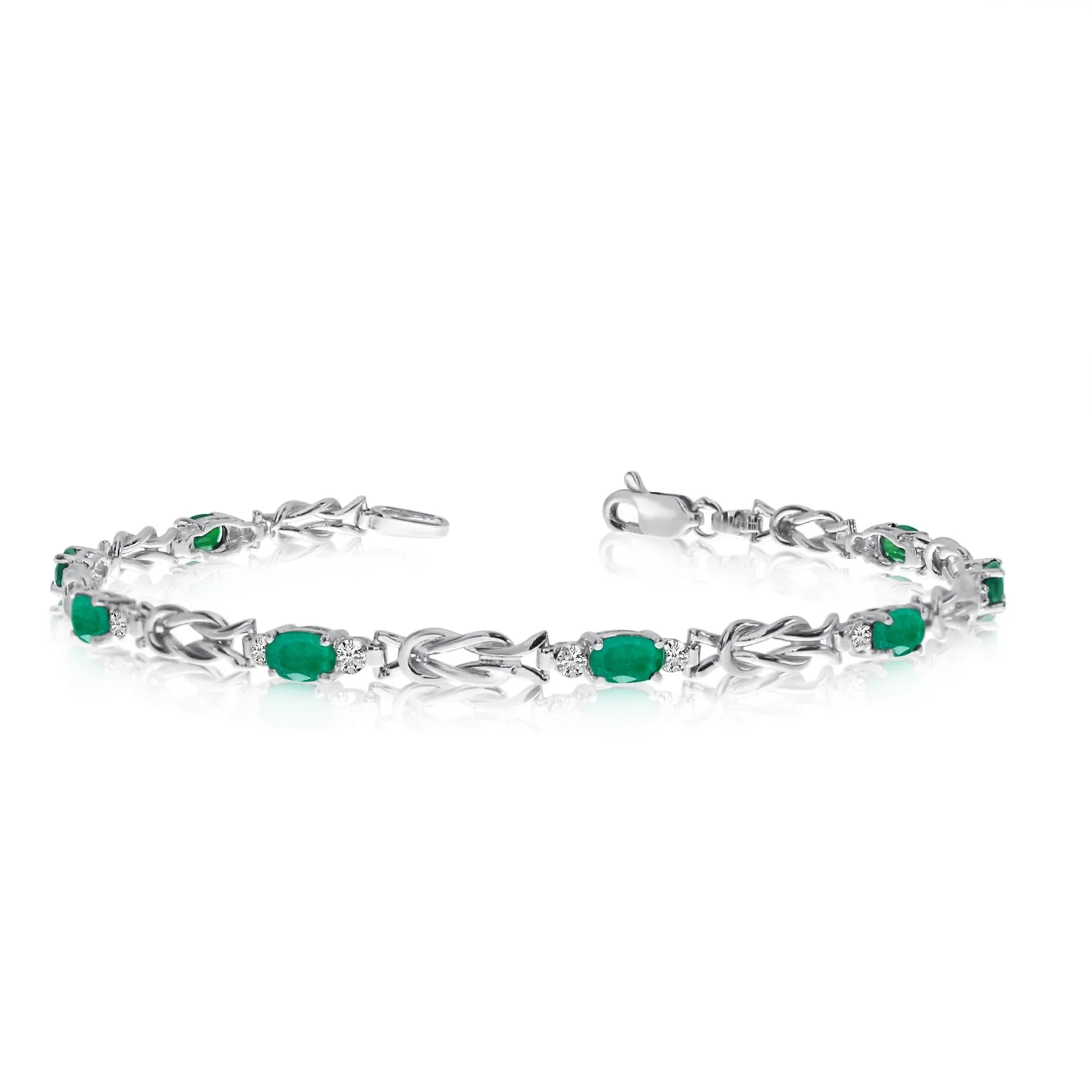 14K White Gold Oval Emerald Stones And Diamonds Tennis Bracelet, 7"