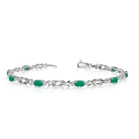 14K White Gold Oval Emerald Stones And Diamonds Tennis Bracelet, 7"