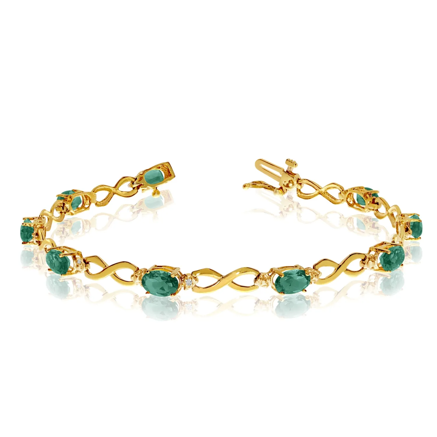 14K Yellow Gold Oval Emerald Stones And Diamonds Infinity Tennis Bracelet, 7"