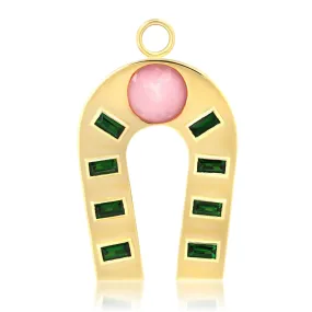 14K Yellow Gold Pink Opal and Tsavorite Horseshoe Charm