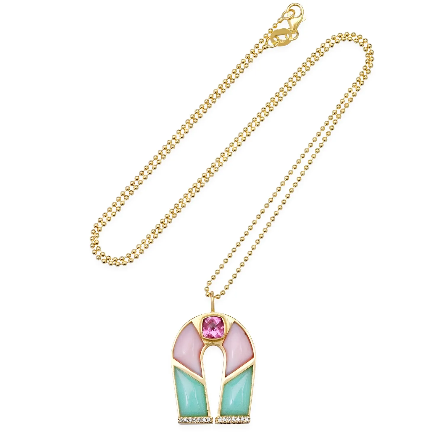 14K Yellow Gold Pink Tourmaline, Pink Opal and Chrysoprase Horseshoe Necklace