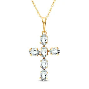 1.5 Carat 14K Solid Yellow Gold Cross Necklace Natural Aquamarine