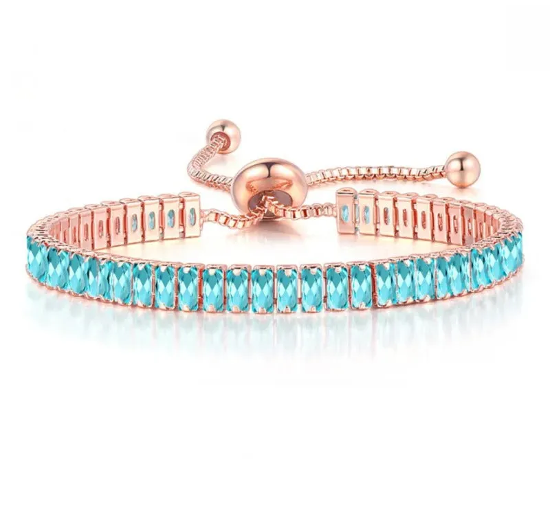 18K Rose Gold Created Aquamarine Princess Halo Pendant Necklace, Earrings and Tennis Bracelet Jewelry Set Plated