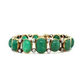 18K Yellow Gold Oval Emerald Cabochon Diamond Bracelet