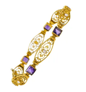 1905 Art Nouveau Amethyst Pearl 14 Karat Gold Link Bracelet