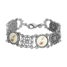 1928 Jewelry Meso Round Intricate Filigree Pink & White Stone Link Bracelet