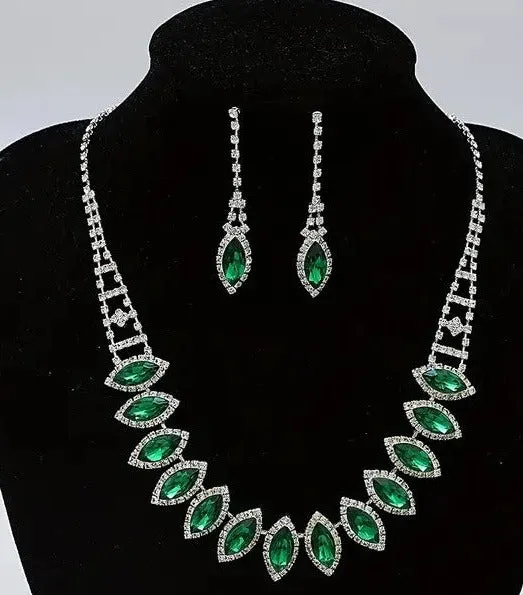 3pcs SILVER Emerald Green Jewelry Set l Rhinestone Earrings l Necklace l Bracelet l Prom l Wedding JS-933