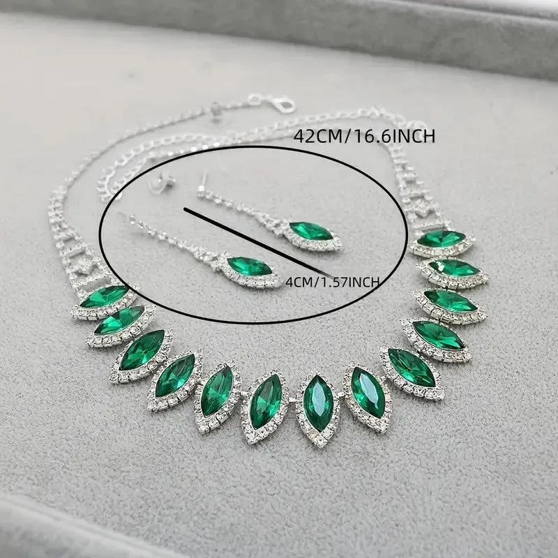 3pcs SILVER Emerald Green Jewelry Set l Rhinestone Earrings l Necklace l Bracelet l Prom l Wedding JS-933