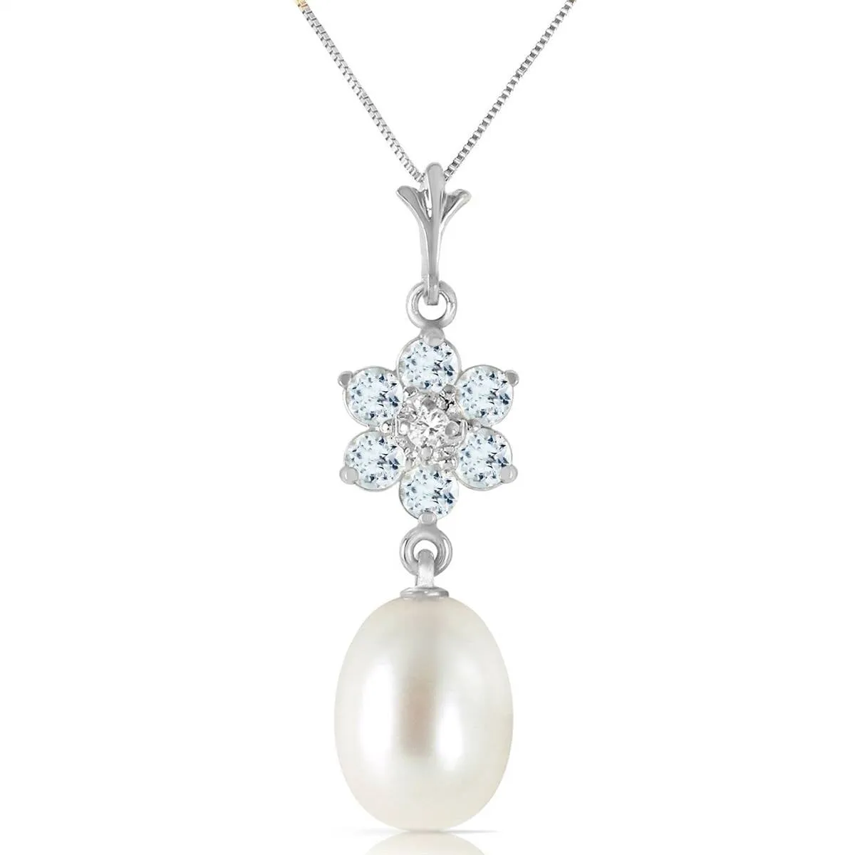 4.53 Carat 14K Solid White Gold Necklace Natural Pearl, Aquamarine Diamond