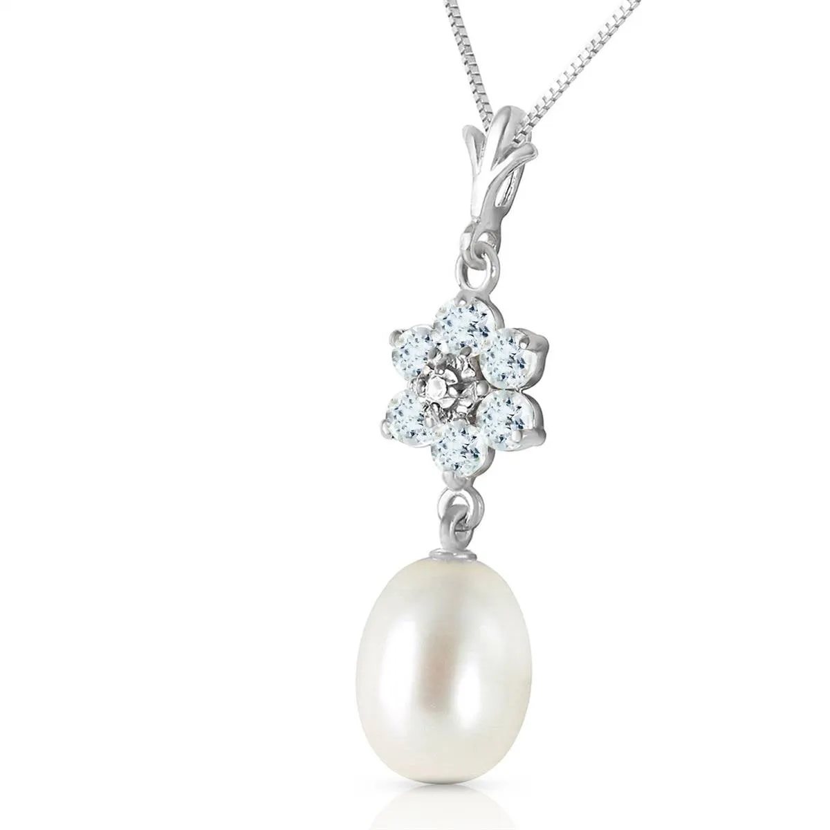 4.53 Carat 14K Solid White Gold Necklace Natural Pearl, Aquamarine Diamond