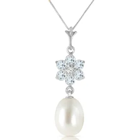 4.53 Carat 14K Solid White Gold Necklace Natural Pearl, Aquamarine Diamond