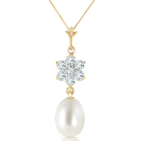 4.53 Carat 14K Solid Yellow Gold Necklace Natural Pearl, Aquamarine Diamond