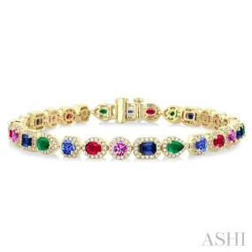 4X3 MM & 4 MM Mixed Shape Gemstone Rainbow and 1 1/3 ctw Round Cut Diamond Halo Precious Tennis Bracelet in 14K Yellow Gold