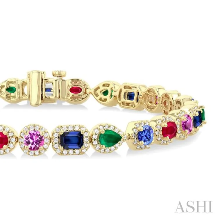 4X3 MM & 4 MM Mixed Shape Gemstone Rainbow and 1 1/3 ctw Round Cut Diamond Halo Precious Tennis Bracelet in 14K Yellow Gold