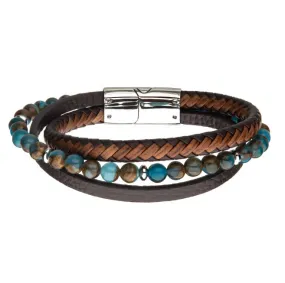 8-8.5'' Chrysocolla Beads with Brwn Cowhide Leather Layered Bracelet