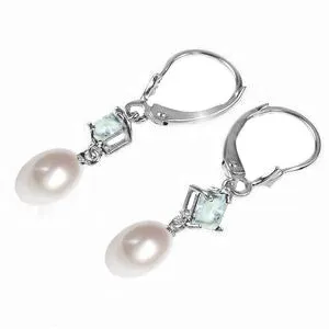 9.5 Carat 14K Whte Gold Bound By Memories Pearl Aquamarine Earrings