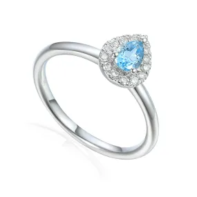 9ct White Gold Pear Shape Aquamarine and Diamond Cluster Birthstone Ring