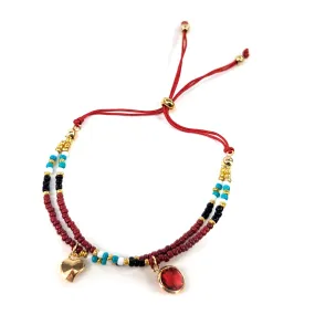 Adjustable Double Seed Bead Bracelet - Red