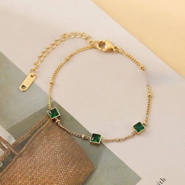 Adjustable Square Shaped Tri Emerald Stone Plated Gold Bracelet JLTB0633