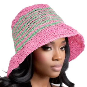 AKA Bucket Hat Alpha Kappa Alpha Inspired Pink Green Multi Stripe Straw