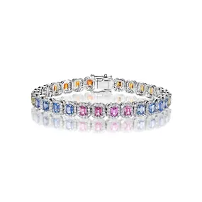 Alejandra 13 Carats Multi-Color Sapphire Emerald Cut Single Row Diamond Tennis Bracelet in 14k White Gold