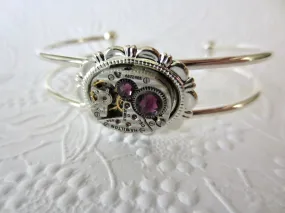 Amethyst and Silver Bracelet , Cuff , Steampunk , Hamilton watch movement , February birthstone , Gift for her , mothers day gift