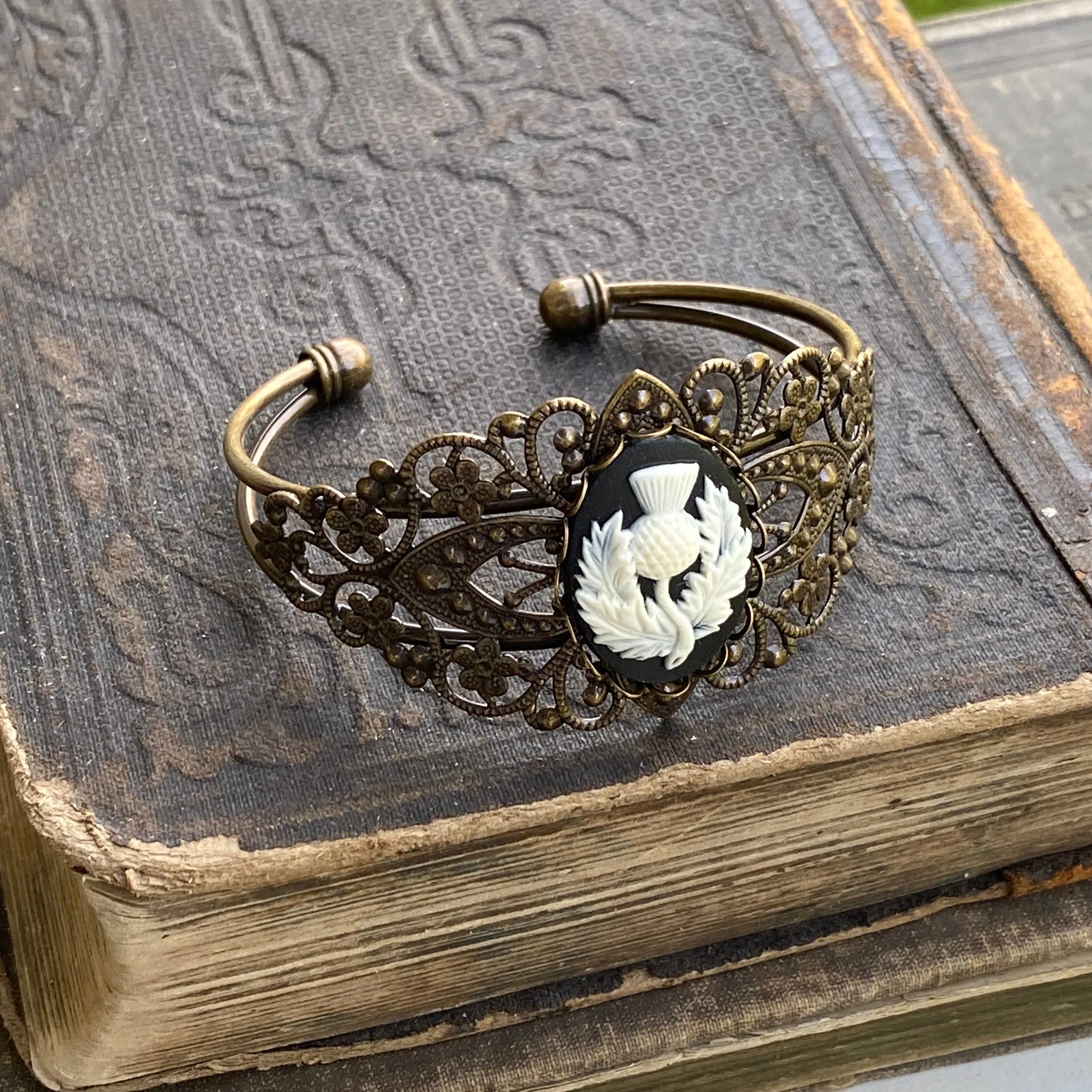 Angel Cameo Cuff Bracelet- Adjustable Antiqued Bronze Vintage Victorian Filigree Style Thistle Horse