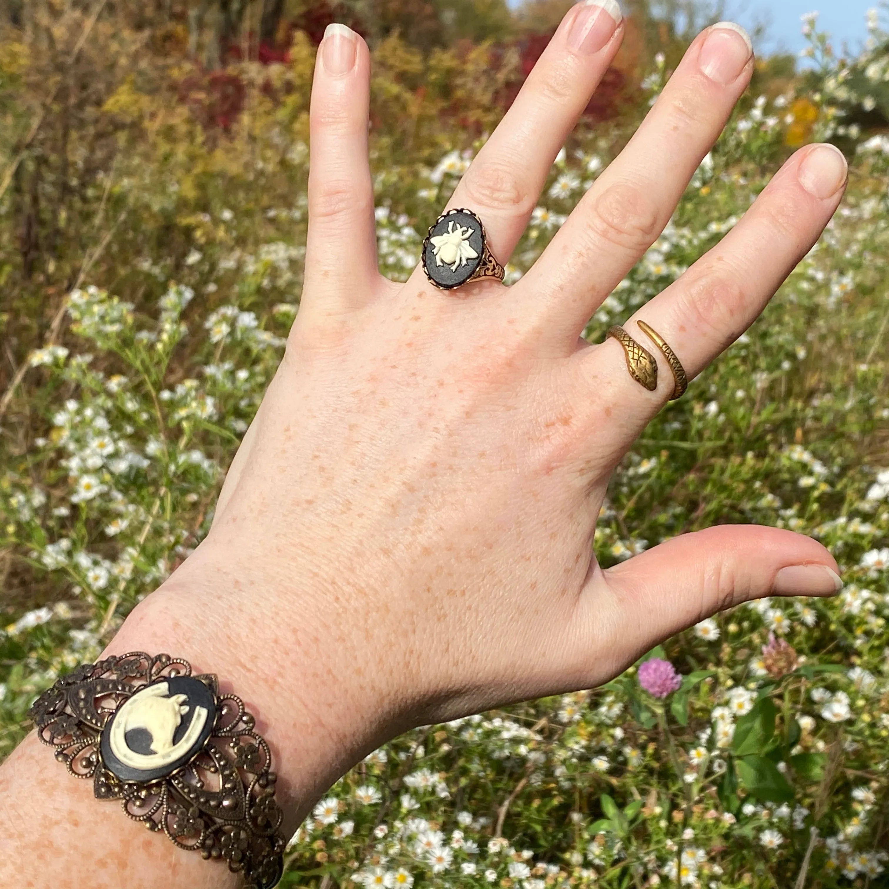 Angel Cameo Cuff Bracelet- Adjustable Antiqued Bronze Vintage Victorian Filigree Style Thistle Horse