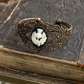 Angel Cameo Cuff Bracelet- Adjustable Antiqued Bronze Vintage Victorian Filigree Style Thistle Horse