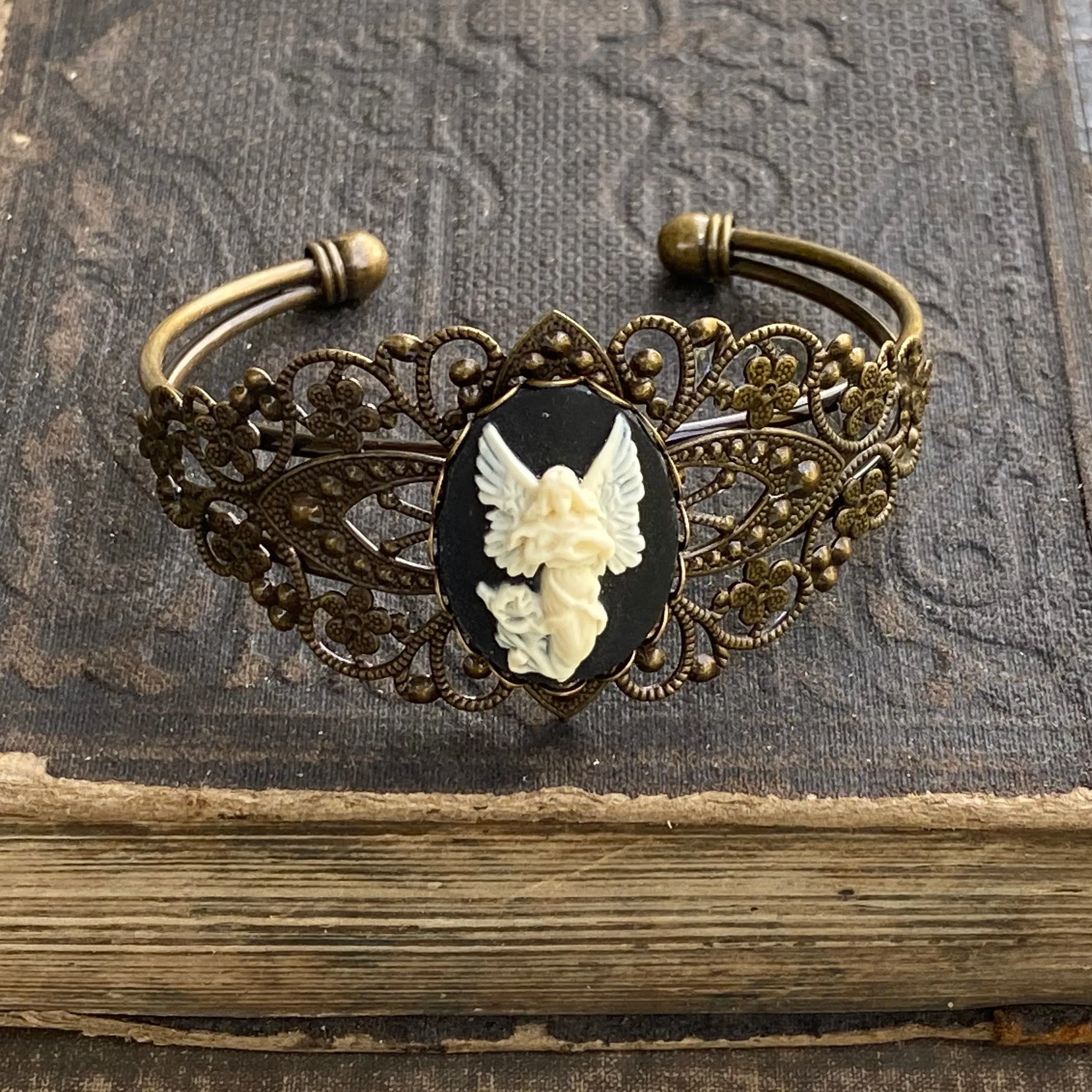 Angel Cameo Cuff Bracelet- Adjustable Antiqued Bronze Vintage Victorian Filigree Style Thistle Horse