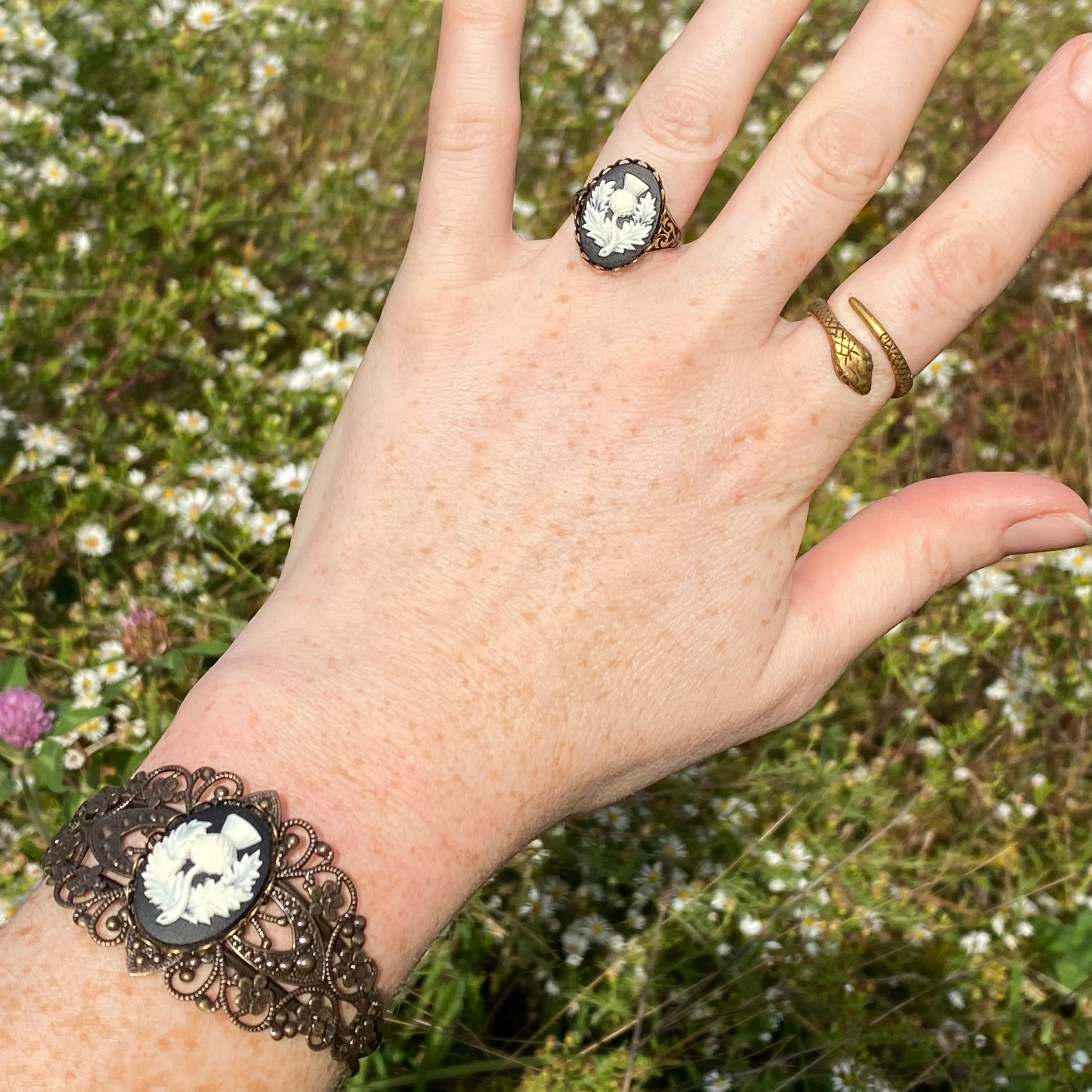 Angel Cameo Cuff Bracelet- Adjustable Antiqued Bronze Vintage Victorian Filigree Style Thistle Horse