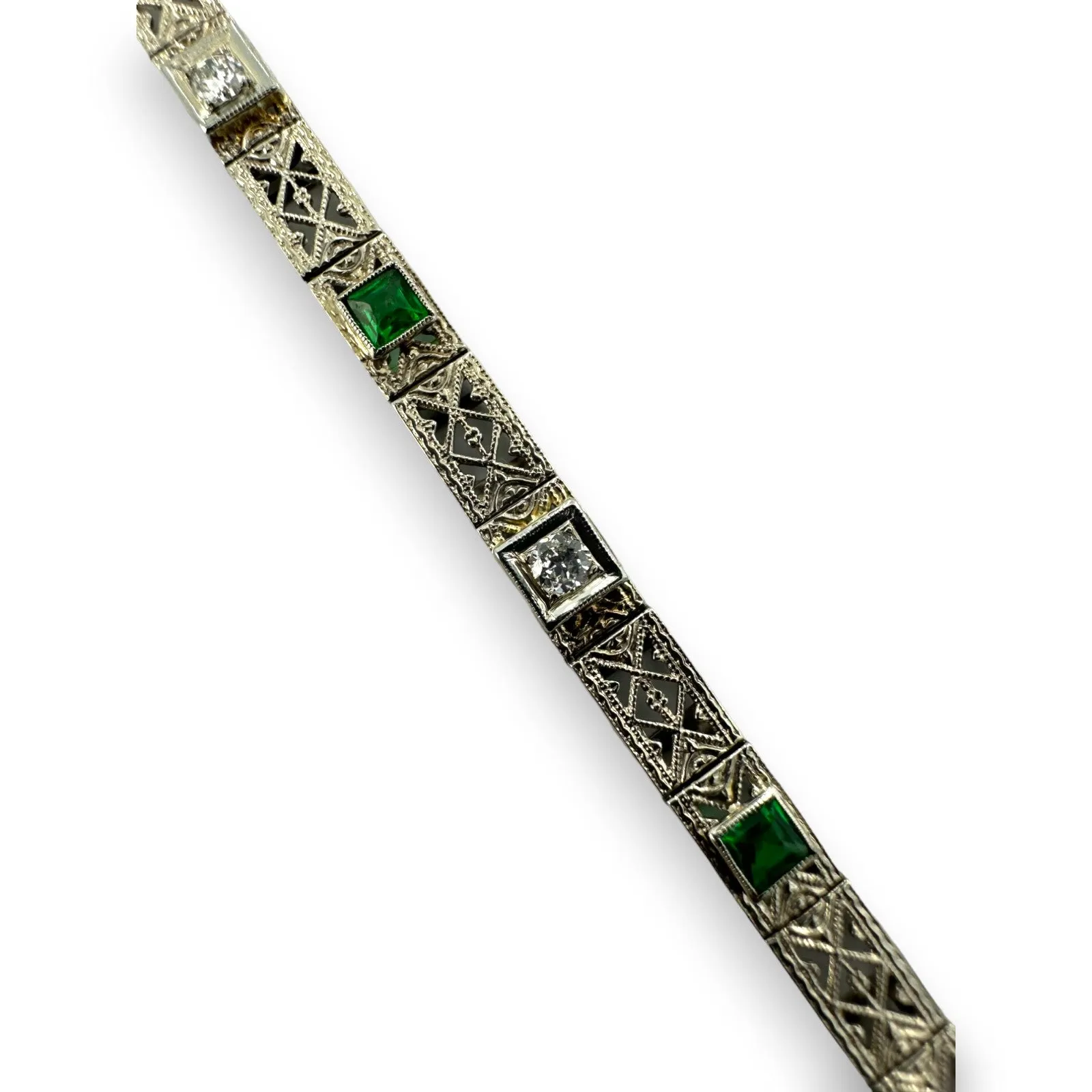 Antique Art Deco 1920s Solid 14kt White Gold Filigree 7.25" Bracelet with Diamonds and Simulated Glass Emeralds