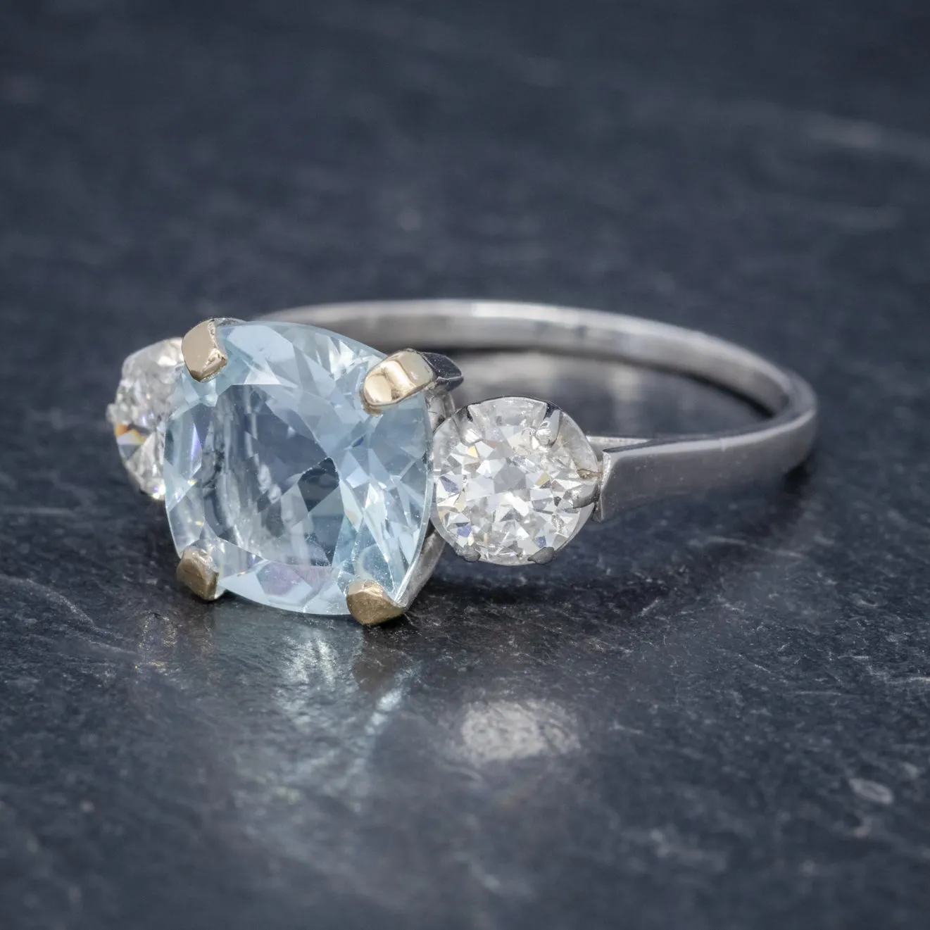 Antique Art Deco Aquamarine Diamond Trilogy Ring 18Ct White Gold Circa 1920