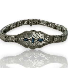 Antique c1920s Die-Struck Solid 14kt White Gold Filigree Openwork Bracelet with Lab Grown Sapphires Length 6.5"