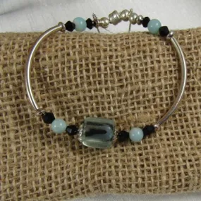 Aqua and Black Lampwork Cube Bangle Bracelet