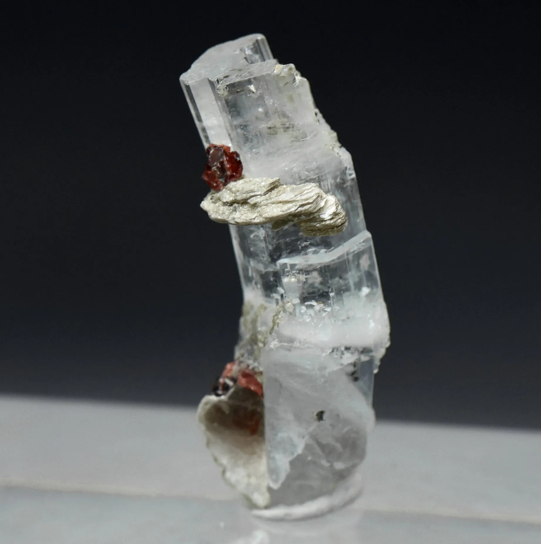 Aquamarine Crystal with Red Garnets and Mica Mineral Specimen - Pakistan