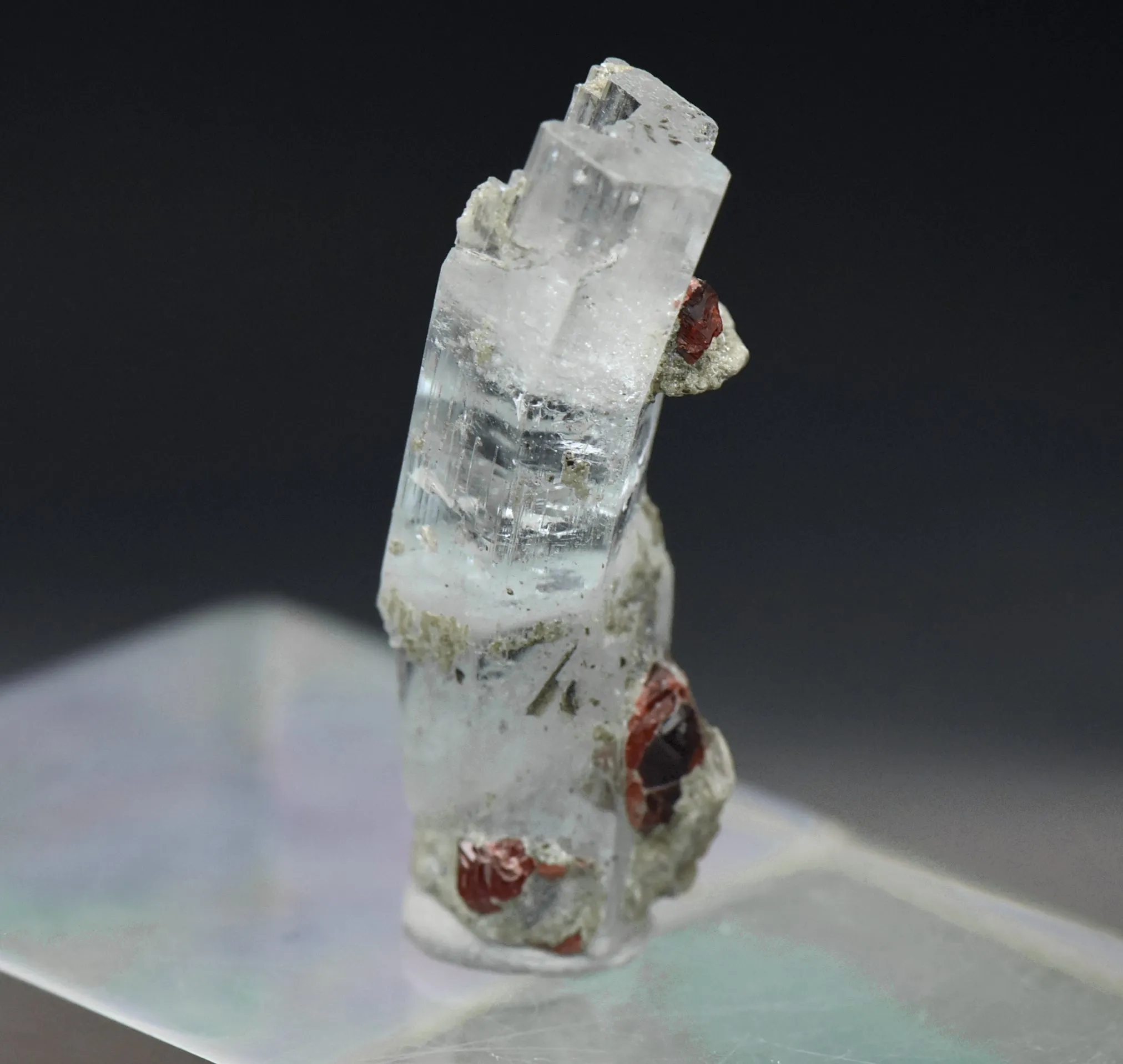 Aquamarine Crystal with Red Garnets and Mica Mineral Specimen - Pakistan