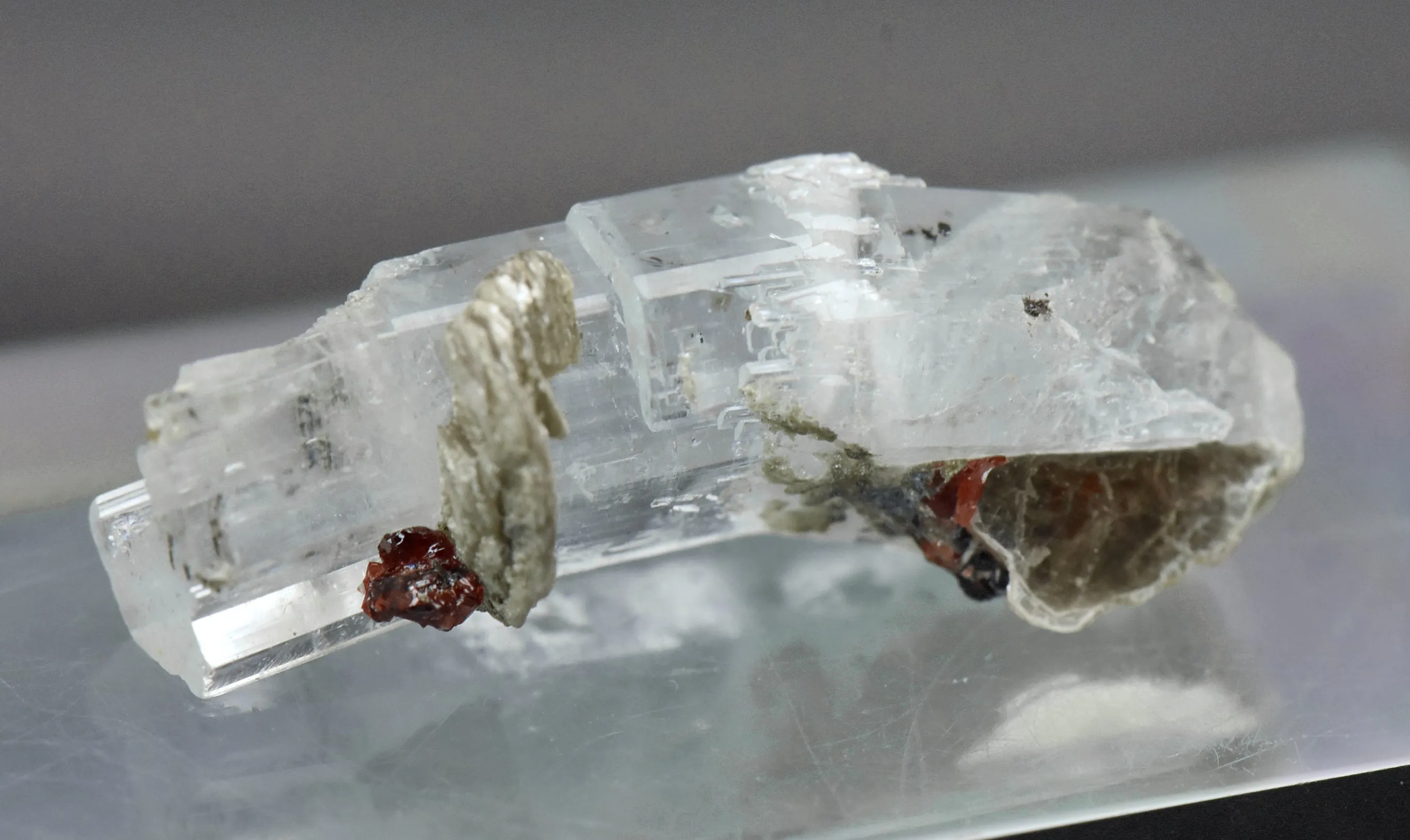 Aquamarine Crystal with Red Garnets and Mica Mineral Specimen - Pakistan