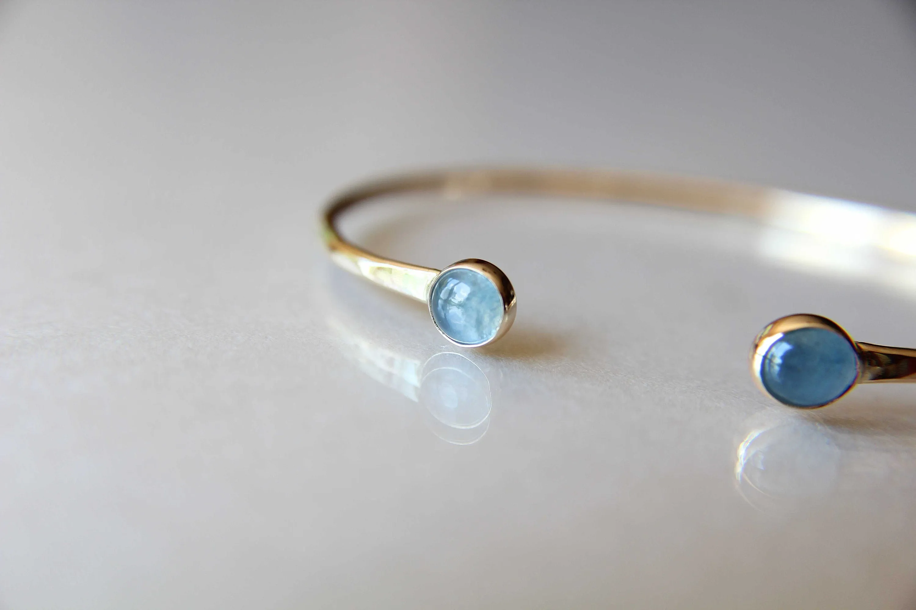 Aquamarine Cuff Bracelet, 14Kt Gold Bracelet, Gold Cuff Bracelet, Wedding Jewelry, Oval Double Stone Bracelet, Blue, March Birthstone, Gift