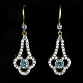 Aquamarine Diamond Pearl Earrings 9Ct Gold