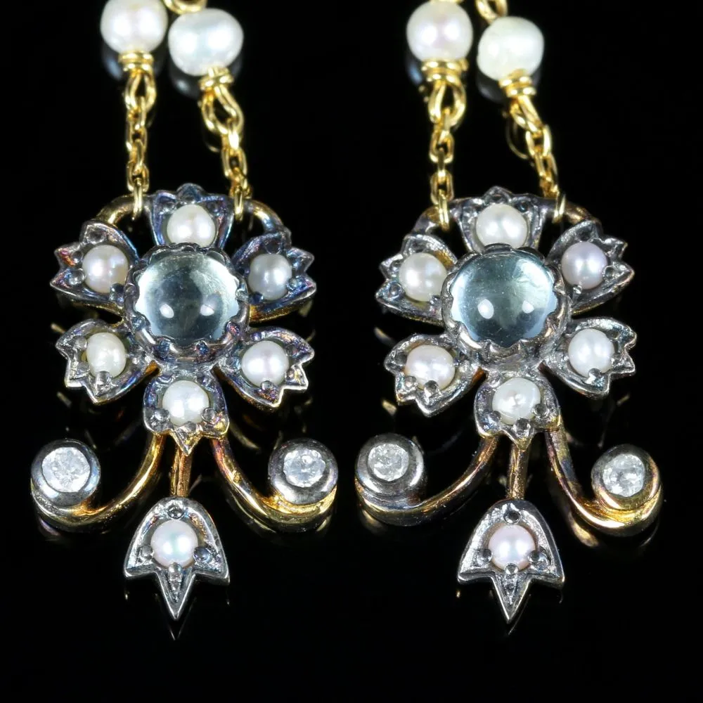 Aquamarine Pearl Diamond Earrings 18Ct Yellow Gold