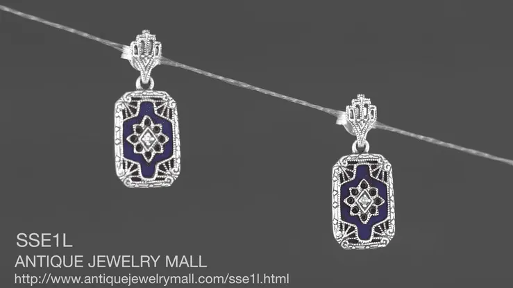 Art Deco Filigree Lapis Lazuli and Diamond Earrings in Sterling Silver, 1920s Vintage Engraved Design