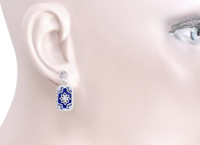 Art Deco Filigree Lapis Lazuli and Diamond Earrings in Sterling Silver, 1920s Vintage Engraved Design