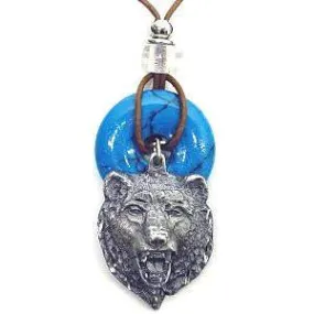 Bear Head Adjustable Cord Necklace with Torquoise Colored Disc