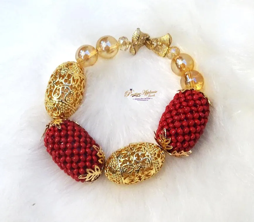 Beautiful Red Detailed Beaded Bracelet and Earring Beads Jewellery Set